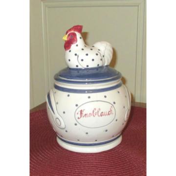 Patriotic Red White &amp; Blue Knoblauch (Garlic) Ceramic Jar with Rooster Lid