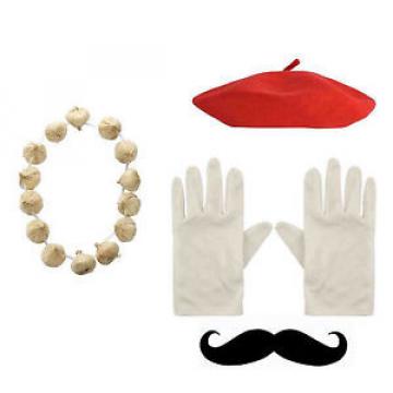 New French Fancy Dress Costume Frenchman Red Beret Hat &amp; Gloves &amp; Tash &amp; Garlic